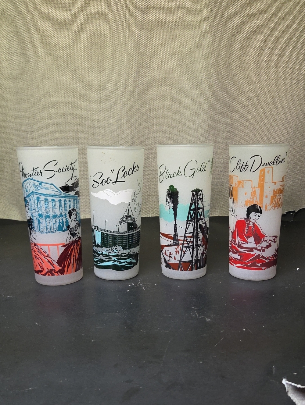 Lot of 4 Travel Souvenir and Commemorative Frosted Glass Tumblers.(set1)